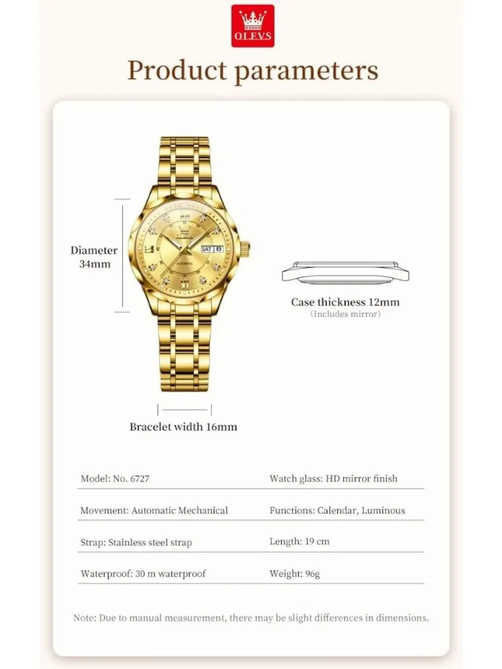 Women's Gold Automatic Diamond Luxury Mechanical Stainless Steel Wrist Watches
